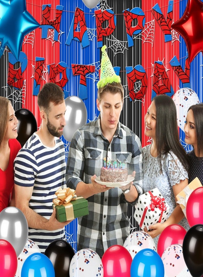 LaRandom Spider Web Birthday Party Decorations, Spider Theme Party Supplies, Red Black, and Blue Tinsel Foil Fringe Curtains Backdrop, Balloons and Banner Streamer for Birthday Decor - Image 2